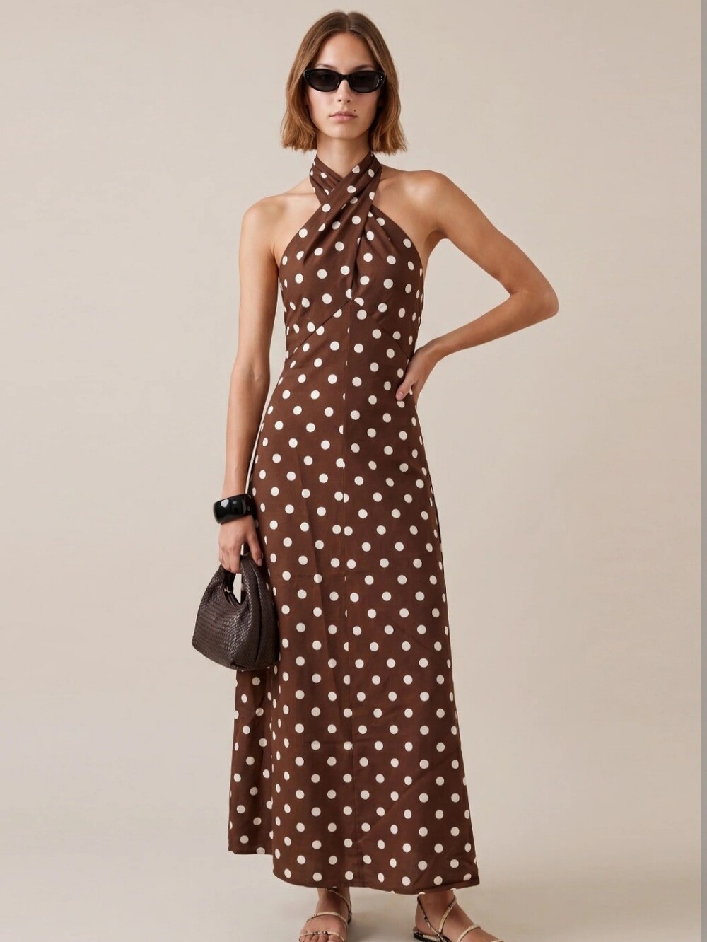 Few Moda Brown Polka Dot Halter Midi Dress with Cross-Neck